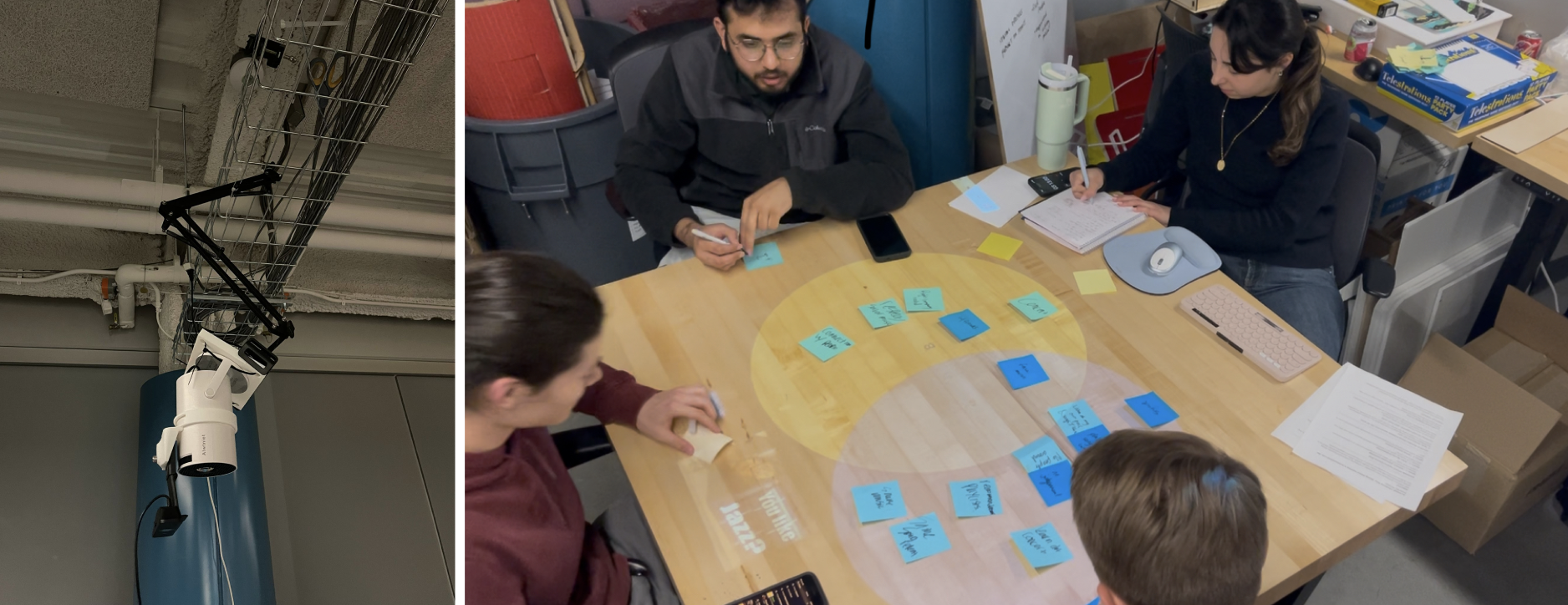 Our ceiling-mounted projector setup and a projected co-design session.
